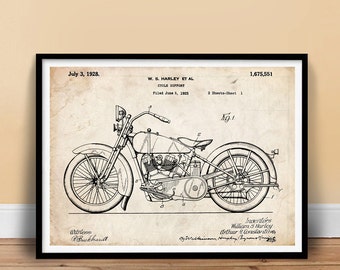 Harley Davidson Poster 18x24" Handmade Giclée Gallery Print 1928 Harley-Davidson Motorcycle Patent Art