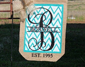 Chevron Burlap Garden Flag With Monogram