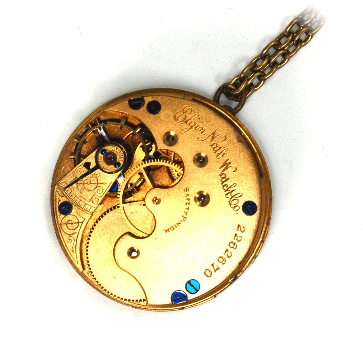 An Elegant Steampunk Pocket Watch Necklace Engraved Antique Elgin Movement Sapphire Blue Screws Gold Brass steampunk buy now online
