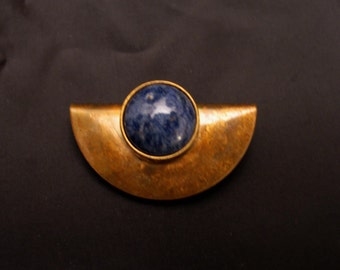 Handcrafted Oxidized Brass Half Circle Brooch with Semiprecious Stone Sodalite Cabochon