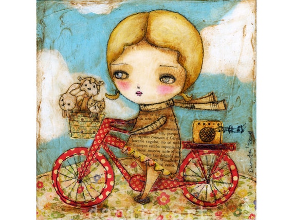Summer Bike - Reproduction giclée d'ALittle fille une bicyclette rouge - technique mixte peinture de Danita Art (tirages papier et supports de bois)