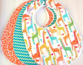 Baby Bibs Gender Neutral - Set of 3 Triple Layer Chenille - Giraffe Love, Tangerine Swirly & Aqua Green Chevron