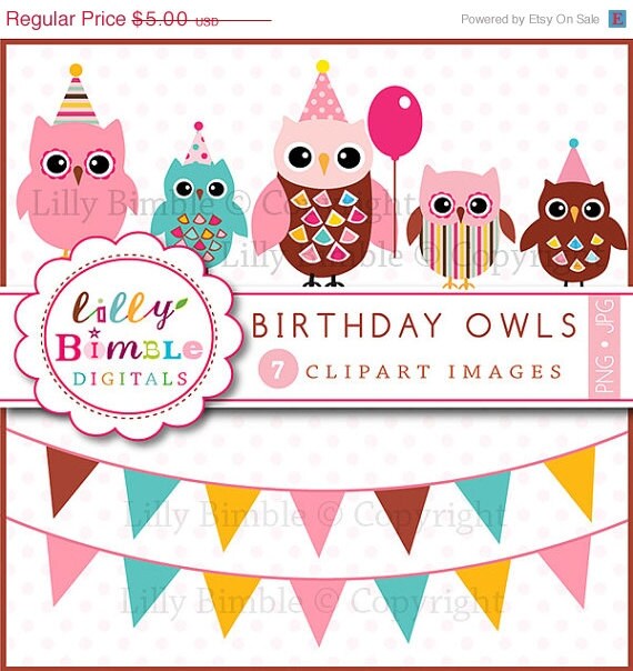 50% off Birthday Owls with Bunting Banners clip art brown and pink INSTANT DOWNLOAD Il_570xn