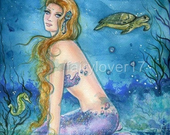 Aquamarine tides mermaid aceo fantasy art print By Renee L.Lavoie