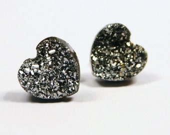 Silver Druzy Heart Stud Earrings Metallic Love Bold Genuine Titanium Drusy Quartz Gemstone Jewelry for Women Sterling Silver Posts Wedding
