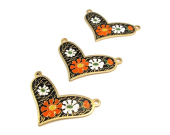 Vintage Orange and White Flowers on Black Cloisonne Enamel Heart Pendants (2X) (E572)