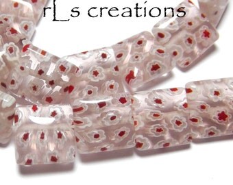 Millefiori Clear Beads with Red and White Flowers 12mmx12mm Puffed Squares #2