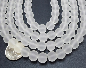 50 Clear Matte Sea Glass Beads 8mm frosted beach glass round (H5000)