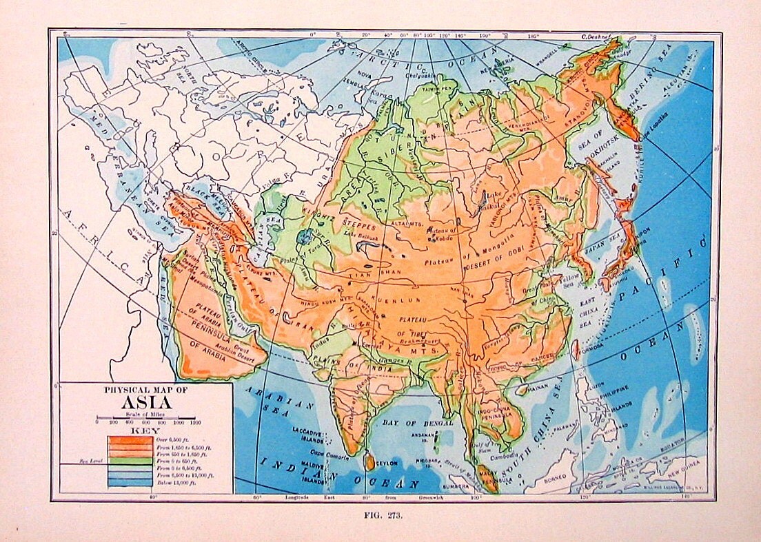 Physical Map of Asia Antique 1910 World by mysunshinevintage