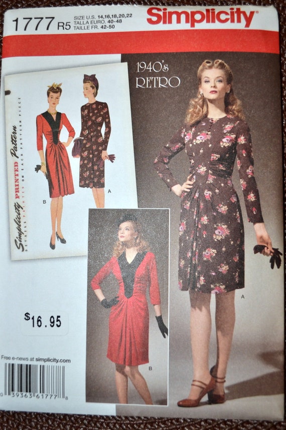 Sewing Pattern Simplicity 1777 Misses Dress 1943 design  Uncut Complete