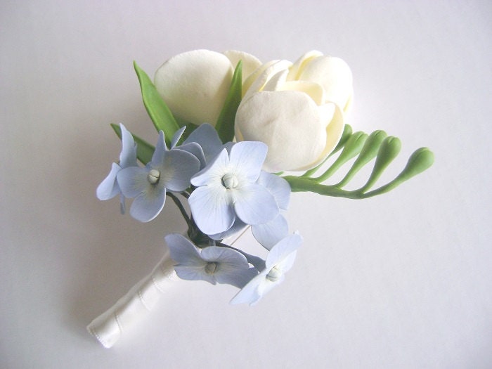 Ivory Freesia and Blue Hydrangea Wedding Boutonniere. by parsi