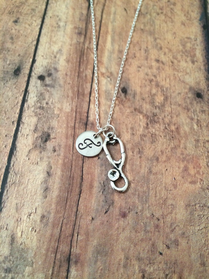 Stethoscope initial necklace medical charm necklace gift