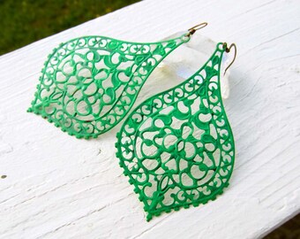 Sale Jade green earrings Gypsy earrings Big Earrings Boho jewelry Filigree drop earrings Bohemian jewelry