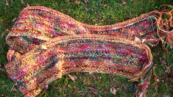 statement piece september scarf unique hand knitted greens red
