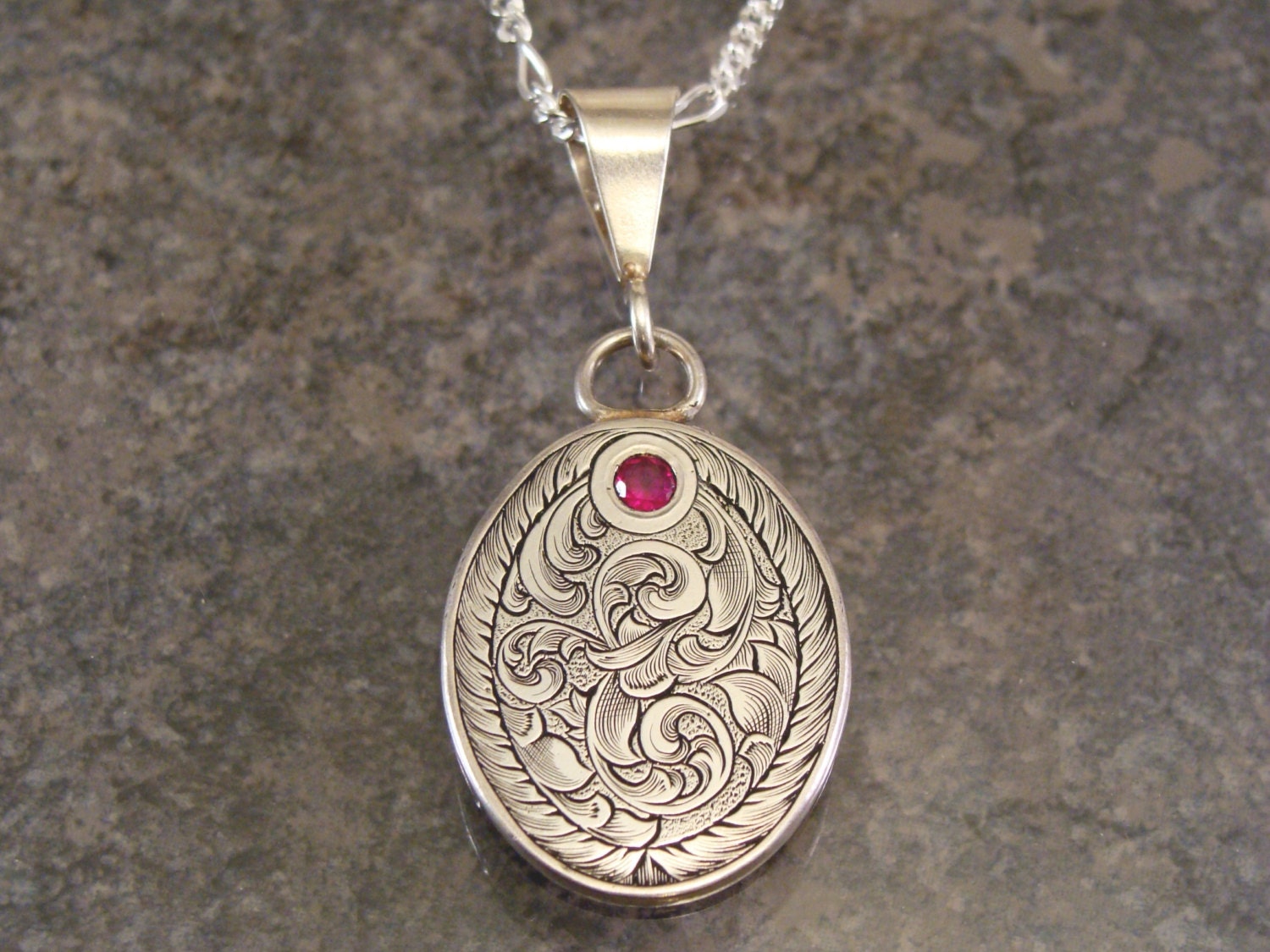 Hand engraved Art Nouveau Sterling Silver Necklace with Lab
