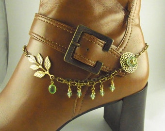Boot Bracelet Chain Antiqued Brass Green Crystals