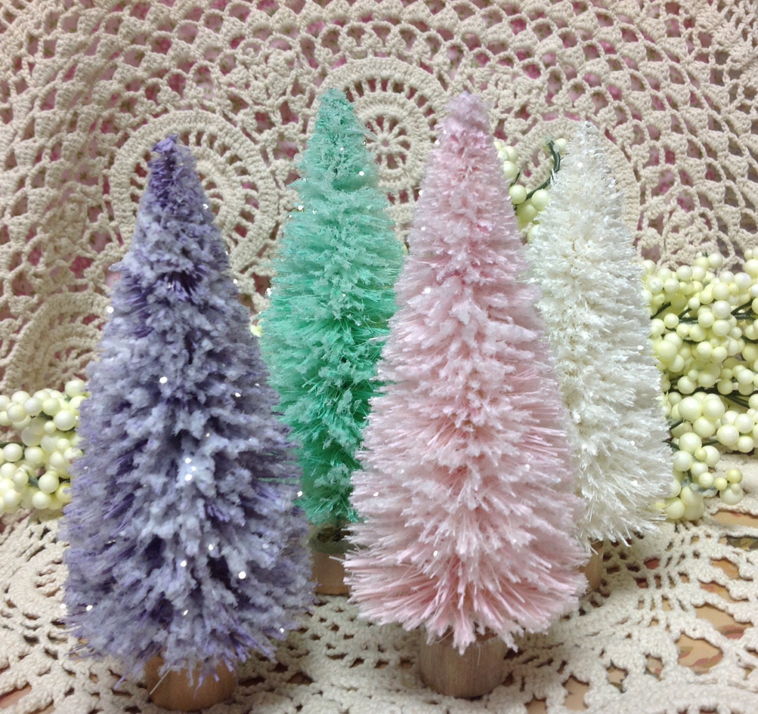 Beautiful Christmas Bottle Brush Tree Hand Flocked And Glittered - Soft Aqua - Pink - White or Lavender Glittered Tree - So Shabby Chic