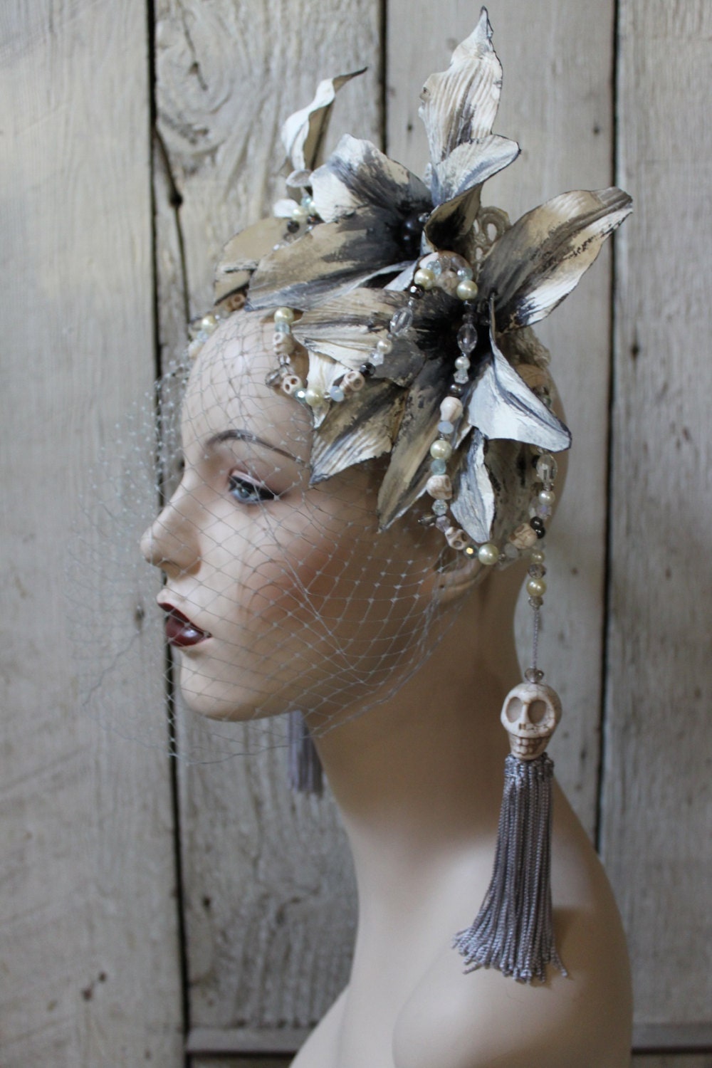 The Grey Lady Headdress of handpainted Grey Lilies Howlite