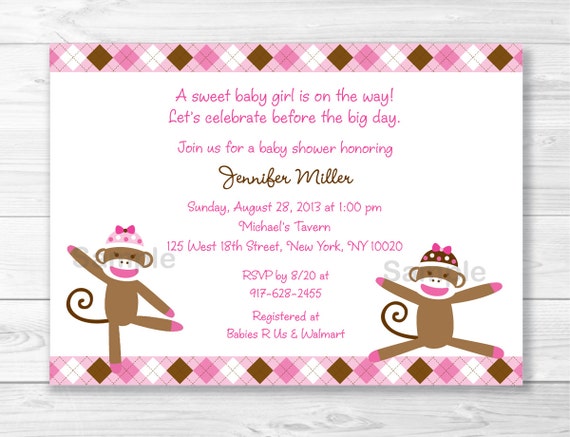 Cute Pink Sock Monkey Baby Shower Invitation / Sock Monkey Baby Shower Invite / Argyle Pattern / Pink & Brown / Baby Girl Shower / PRINTABLE Il_570xn