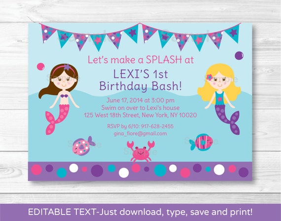 Mermaid Printable Birthday Invitation Editable PDF