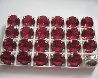 Lot of 4 11mm Siam Rivoli Shaped Swarovski Rhinestones in Sew on Settings