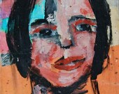 Acrylic Collaged Portrait Painting,  4x4 mini art chipboard, Lola, black hair, Blue, Orange, Pink, Black
