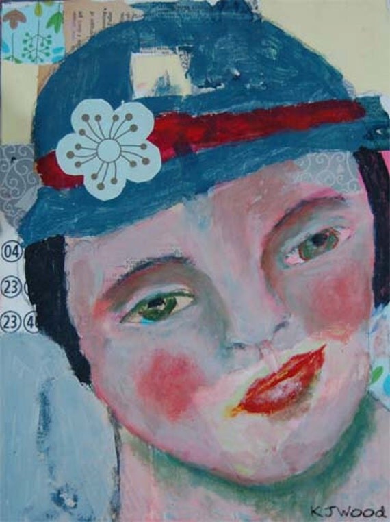 Acrylic Portrait Painting, Collage, Lady Under a Blue Hat, Woman, 9x12 canvas panel