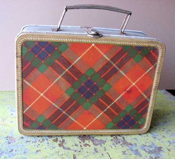 Vintage 1940's Red Plaid And Silver Metal Lunch Box