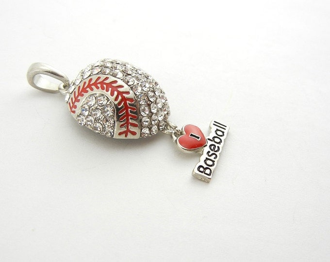 Rhinestone Encrusted I Love Baseball Pendant