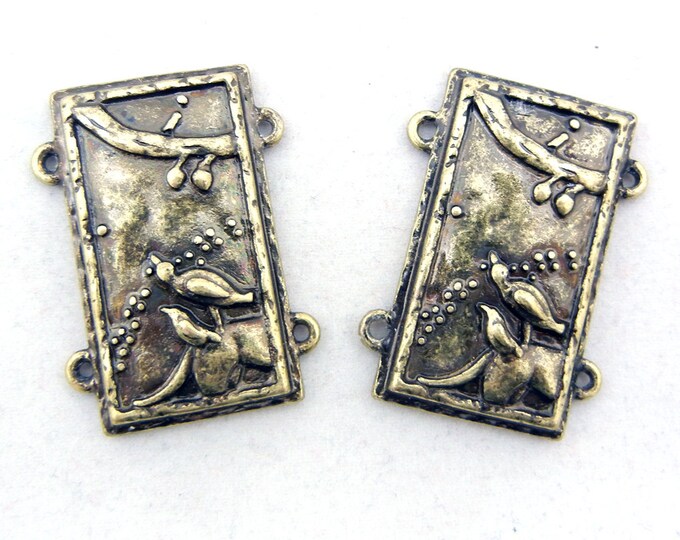 Pair of Double Link Burnished Gold-tone Rectanglular Bird Charms