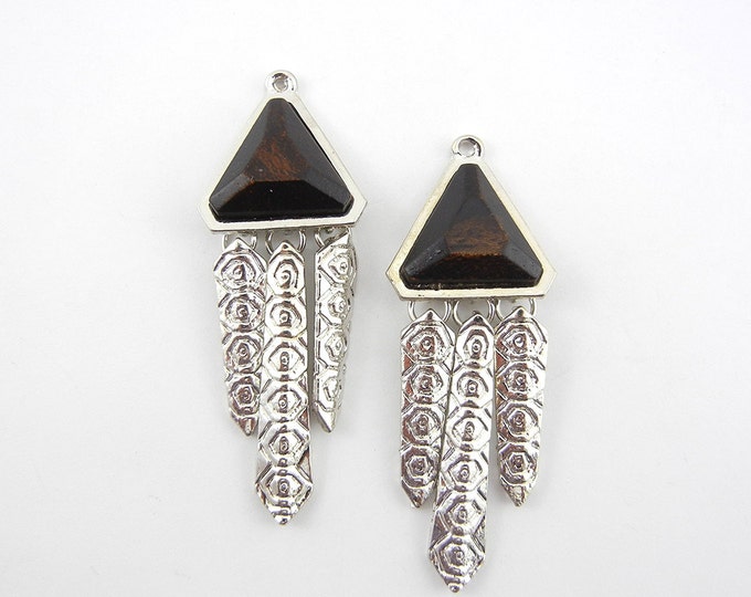 Pair of Brown Wood Triangles with Silver-tone Drops Charms