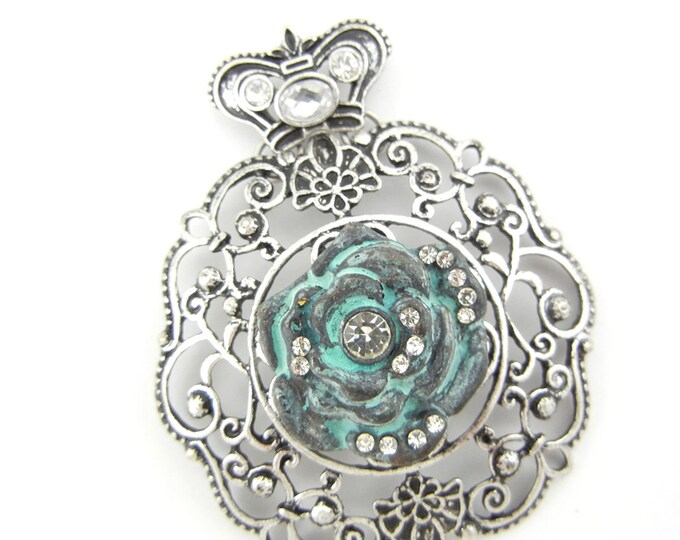 Large Antique Silver-tone Verde Patina Rose Pendant Rhinestones Crown Top