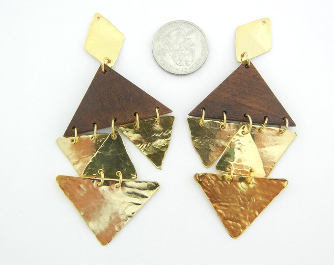 Pair of Tribal Wood and Gold-tone Hammered Metal Drop Charms