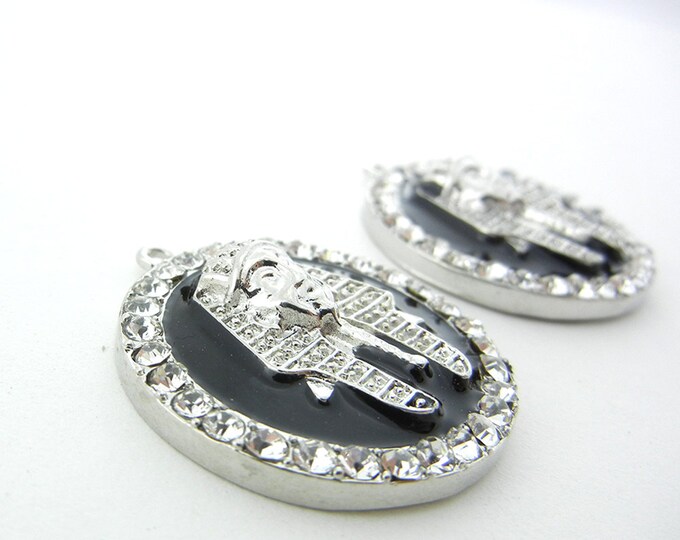 Pair of Round Egyptian Pharaoh Head Charms Silver-tone