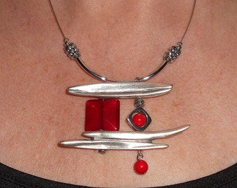 Red necklace, asymmetric necklace, statement necklace, silver link necklace, modern necklace, gift for her, boho chic jewelry, metal jewelry