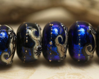 Handmade Glass Lampwork Bead Set - Six Cobalt Celestial Rondelle Beads 10411421
