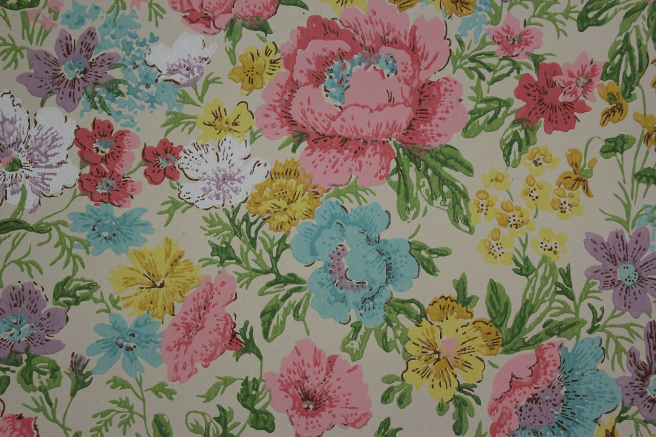 1960'S Vintage Wallpaper Spring Flowers on White