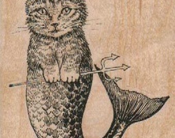 cat mermaid craft rubber stamps place cards gifts wood mounted number 17863