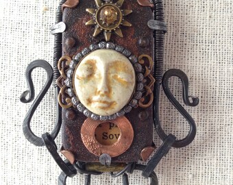 Found Object Steel and Copper Assemblage Rustic Wire Wrapped Necklace