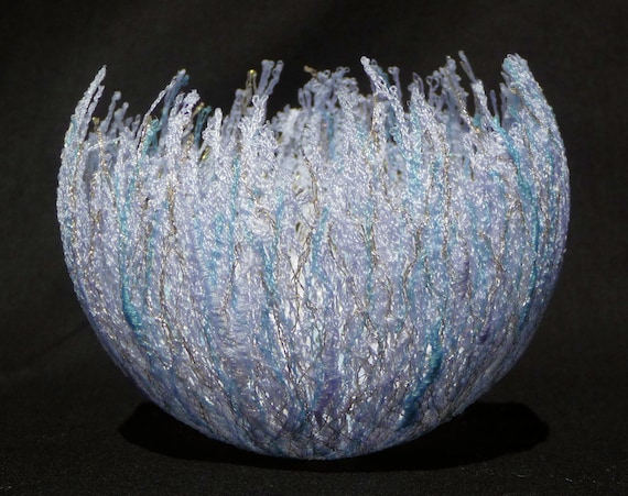 Ice Bowl, textile art vessel, free machine embroidery on dissolvable fabric
