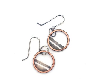 Small Mixed Metal Hoop Earrings, Silver and Copper Earrings, Striped Geometric Jewelry, Handmade Artisan Industrial Jewelry