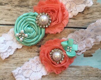 Wedding garter SET / AQUA / CORAL / wedding garters/ bridal garter/ lace garter / toss garter / vintage lace garter