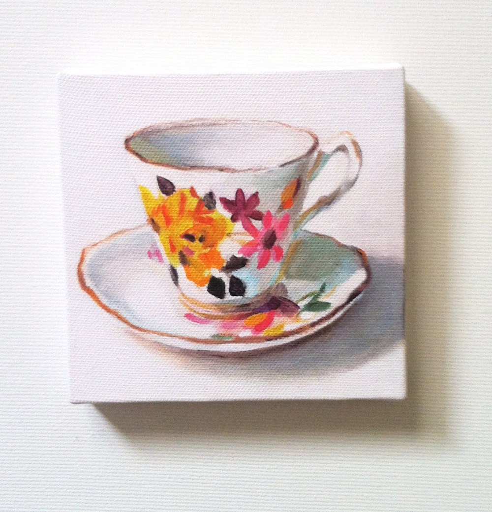 Vintage tea cup Tiny canvas print FOLK ART PRINT blue red