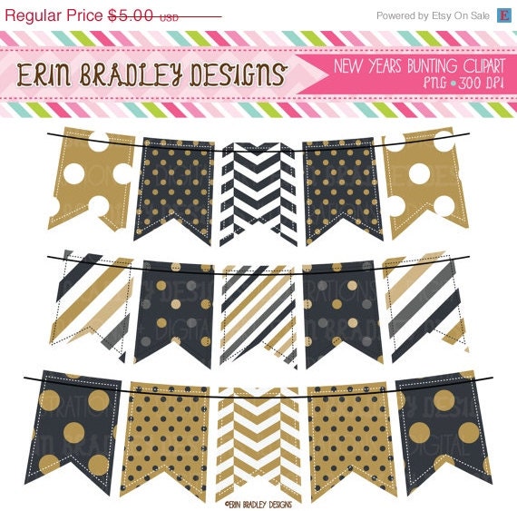 50% OFF SALE New Years Black & Gold Bunting Clipart Holiday Clip Art Graphics Banner Flags Il_570xn