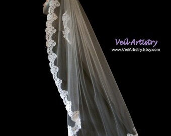 Mantilla Bridal Veil, Mantilla, Fingertip Veil, Modified Mantilla Bridal Veil, Alencon Lace Veil, Lace Veil, Handmade Veil