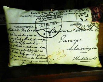 French Postcard Pillow, Antique Postcard Pillow, Chic French Country Decorative Pillow, 1908 Postcard Accent Pillow 7 1/2 x 11 1/2"