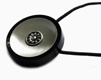 Matte Silver Rosette Ponytail Holder, Vintage Button Hair Accessory