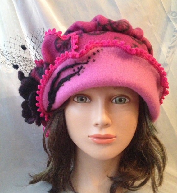Black fuchsia and pink fleece cloche hat women ladies black felted wool flower designer hat warm