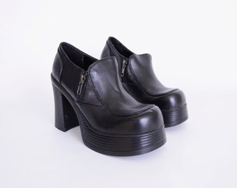 Black Faux Leather Loafer Platform Shoe Platform Heel Loafer Chunky ...