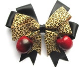 Black, Leopard and Cherry hair bow with realistic lifelike juicy cherries by Dolly Cool